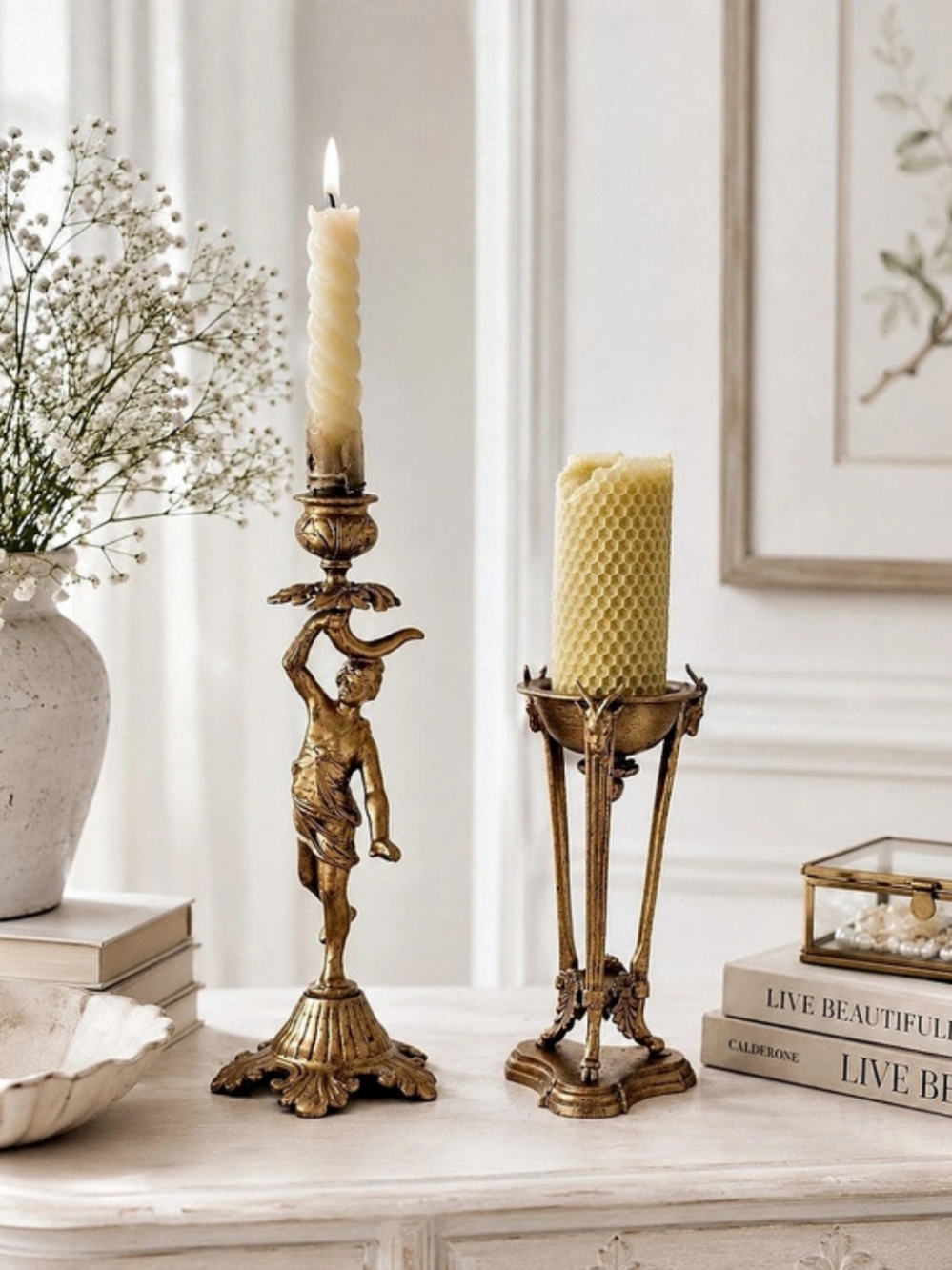 Antique Gold Sculptural Candle Holders Set of 2